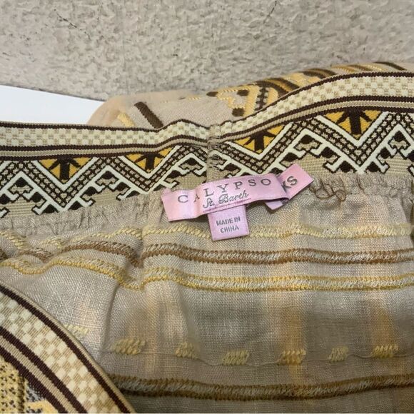 Calypso St. Bart Bohemian Linen Patterned Tan/Brown Pull On Mini Skirt Sz XS - Picture 5 of 5